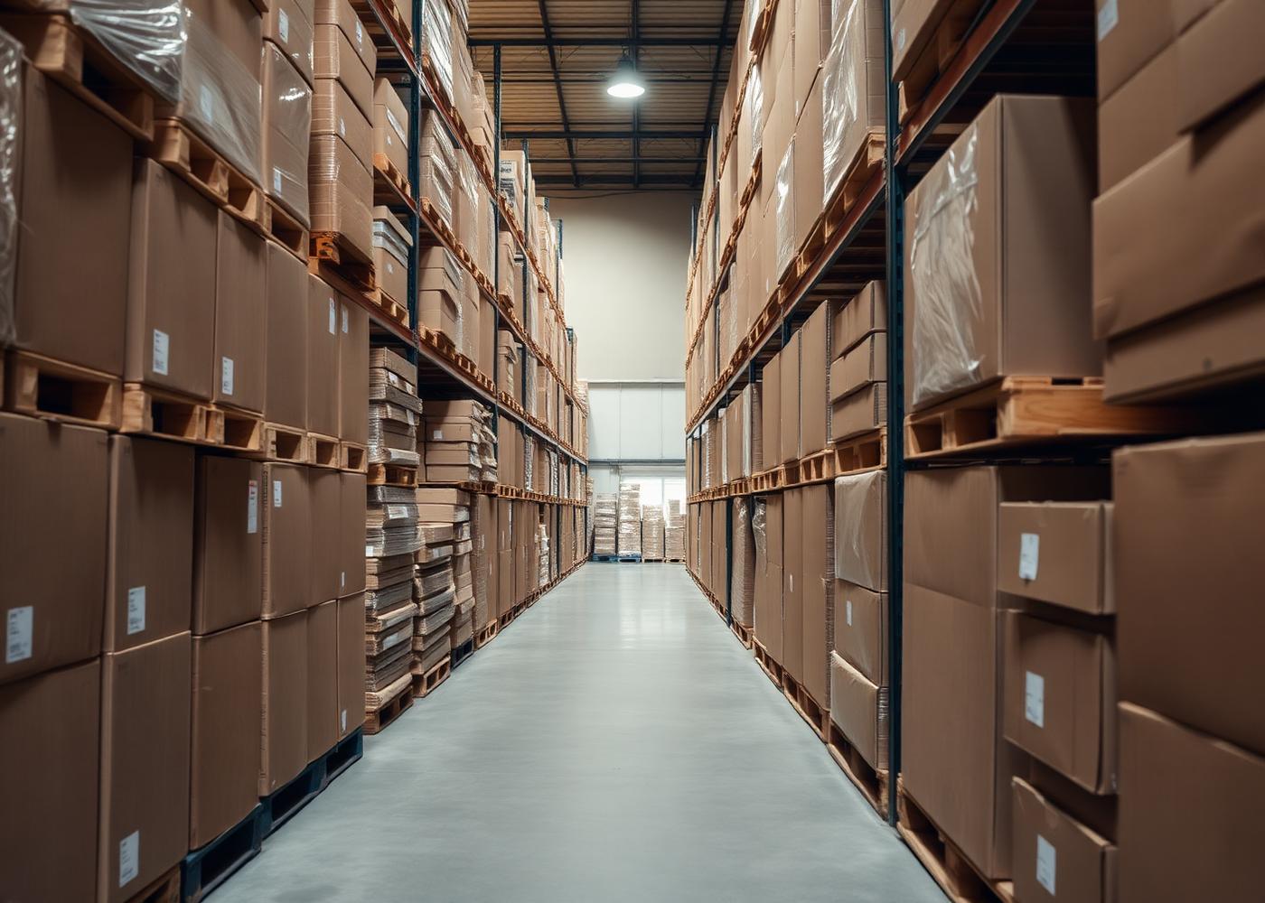 Warehouse aisle stacked with pallets of corrugated packaging