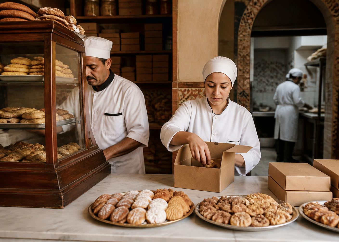 Bakery staff packing pastries into kraft boxes