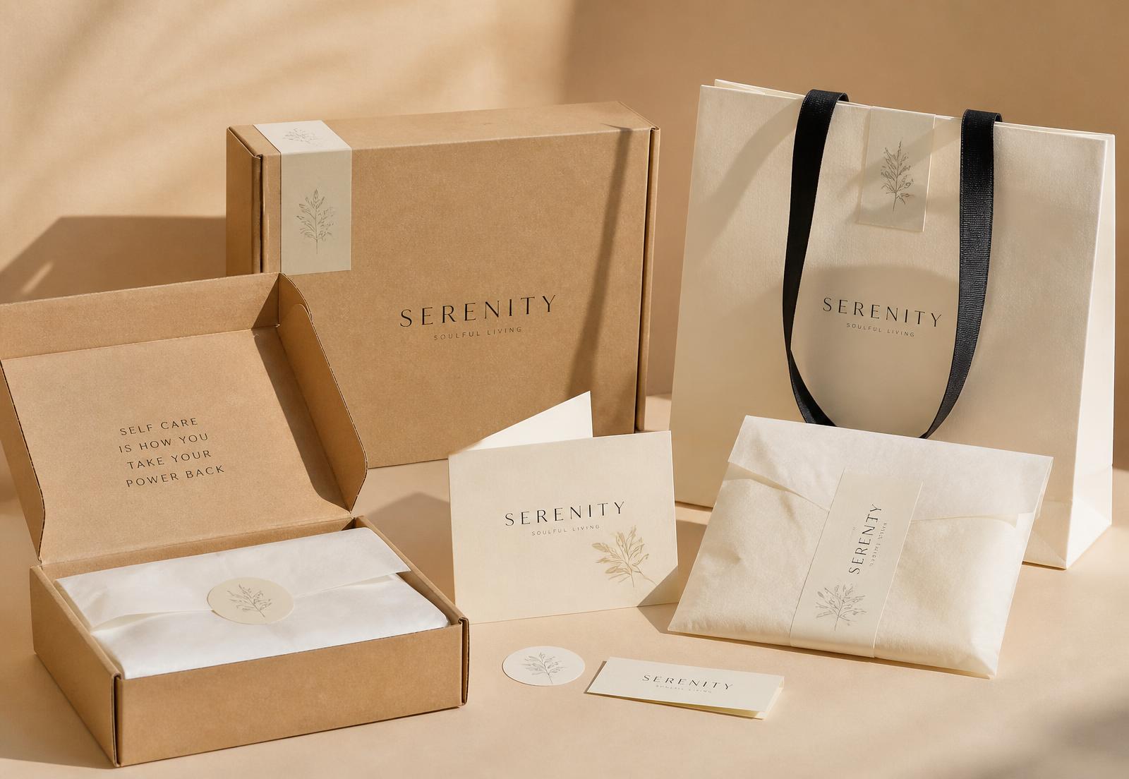 Matched kraft box, shopping bag, tissue paper and labels in a branded set
