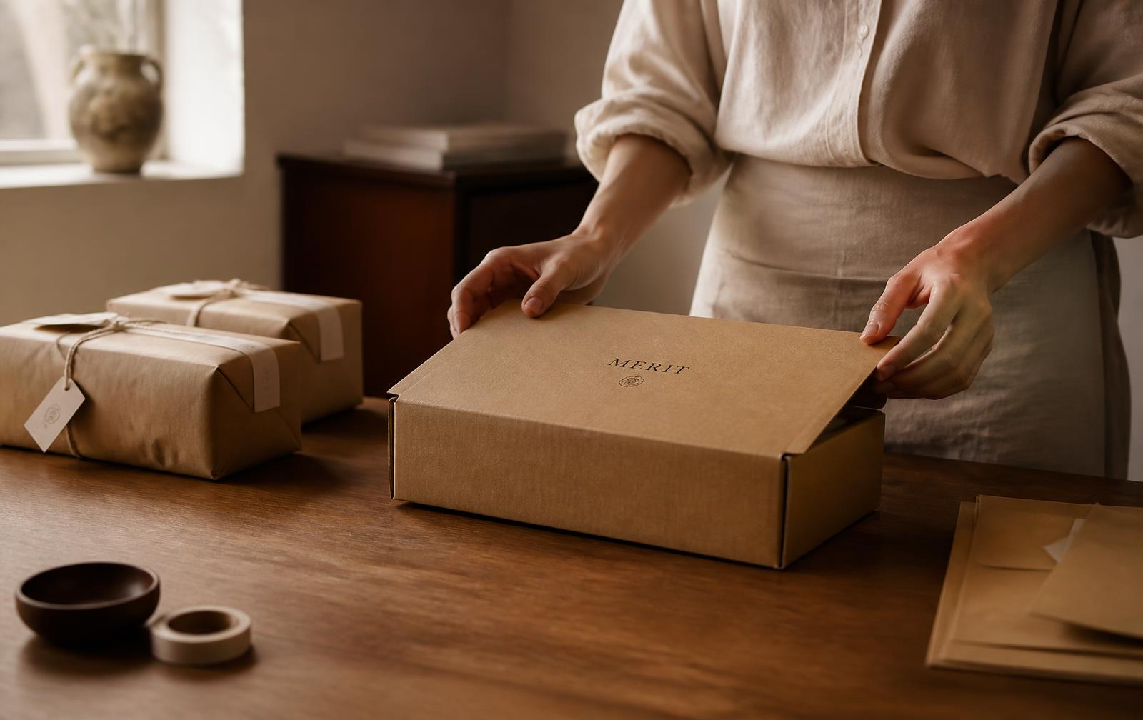 Hands closing a kraft box beside wrapped parcels on a wooden table